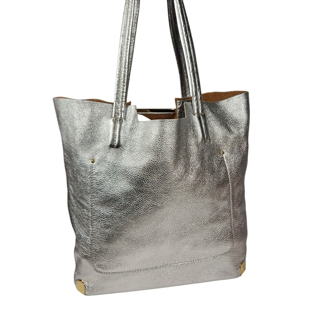 Vince Camuto Silver Leather Tote Bag Womens Metallic Shoulder Handbag - Picture 2 of 15